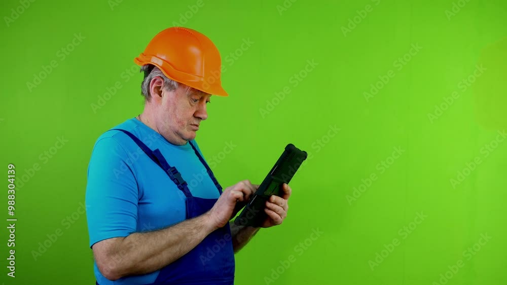 Senior worker in overalls using tablet and choosing goods of buying, scrolls, swipes, zooms pages. Senior worker in overalls using tablet and choosing goods of buying, scrolls, swipes, zooms pages.