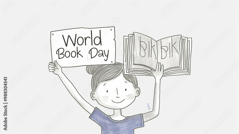 World book day celebration with illustrated girl holding sign and book. World book day celebration with illustrated girl holding sign and book.