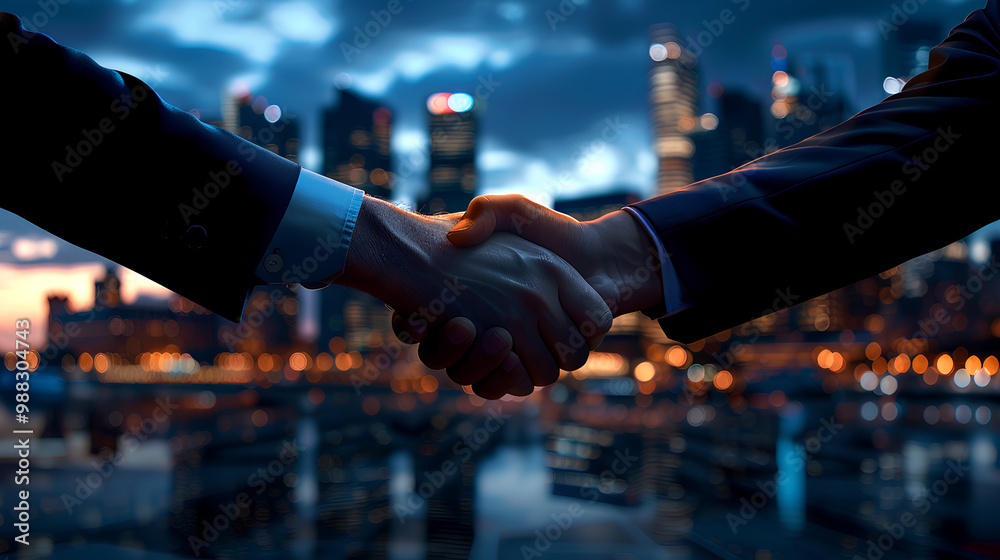 A handshake between business partners with city skyline background A handshake between business partners with city skyline background