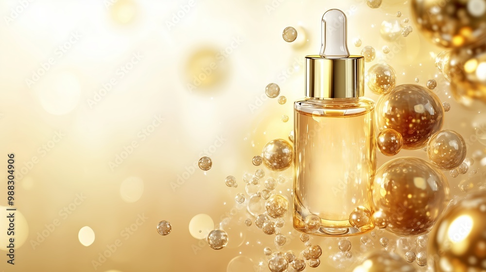 A luxurious golden serum bottle surrounded by shimmering bubbles and a soft, glowing background depicting elegance and beauty A luxurious golden serum bottle surrounded by shimmering bubbles and a soft, glowing background depicting elegance and beauty
