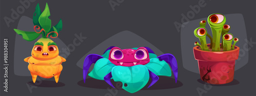 Creepy monster plants set isolated on black background. Vector cartoon illustration of scary carnivorous flowers with eyes and toothy mouths, Halloween horror creatures, fantasy forest predators
