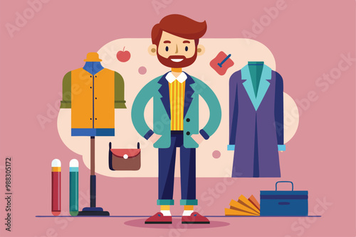 A young fashion designer stands confidently in a workspace surrounded by clothing designs and fashion tools, showcasing creativity and style in the moment.