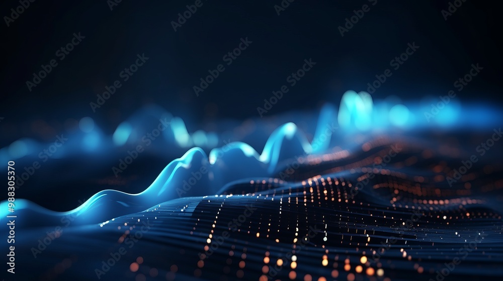 Fototapeta premium Abstract Digital Landscape with Blue Waves and Orange Lights