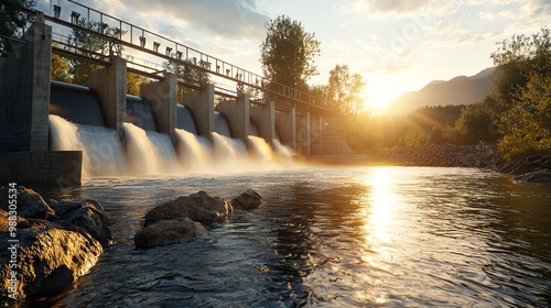 Futuristic hydropower dam with AIpowered water flow management, clean energy innovation concept photo