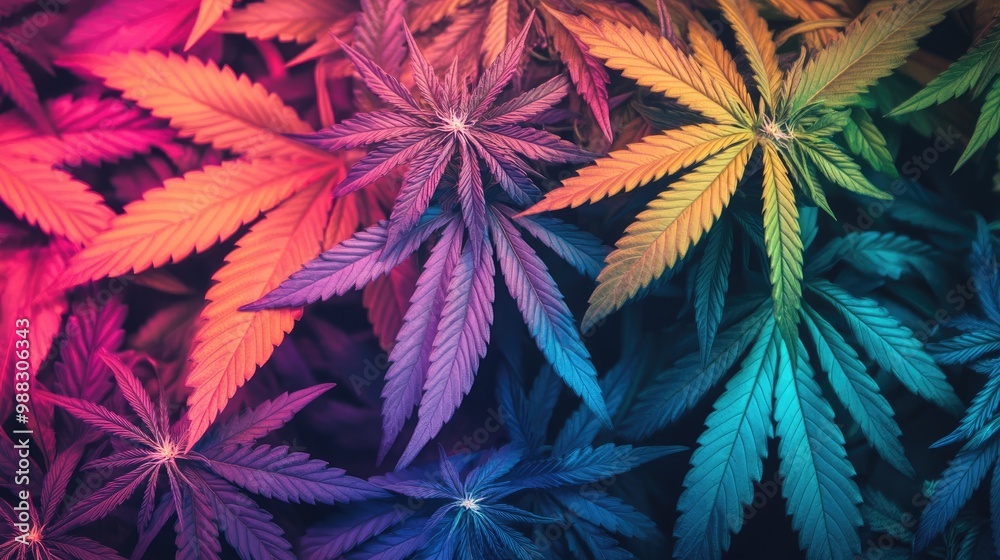 Rainbow toned marijuana leaves background representing cannabis legalization