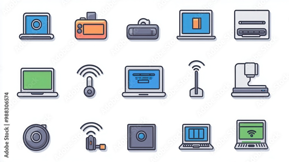 Technology thin line icon set. Containing a laptop in silver, smartphone in black, desktop computer in gray, tablet in white, smartwatch in blue, router in green, Wi-Fi signal in orange Technology thin line icon set. Containing a laptop in silver, smartphone in black, desktop computer in gray, tablet in white, smartwatch in blue, router in green, Wi-Fi signal in orange