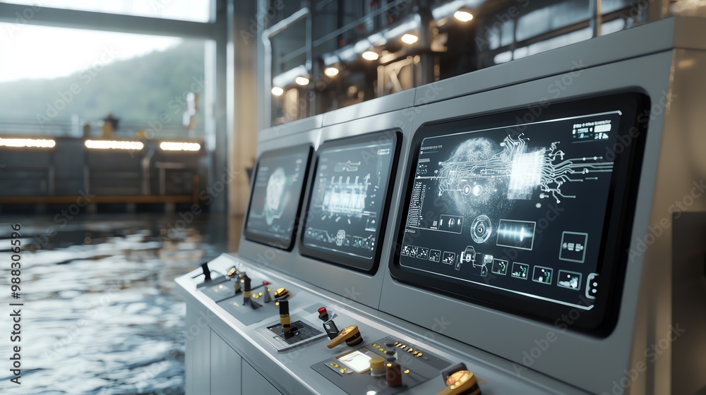 Hightech dam with holographic control interfaces, modern clean energy, hydropower innovation Hightech dam with holographic control interfaces, modern clean energy, hydropower innovation
