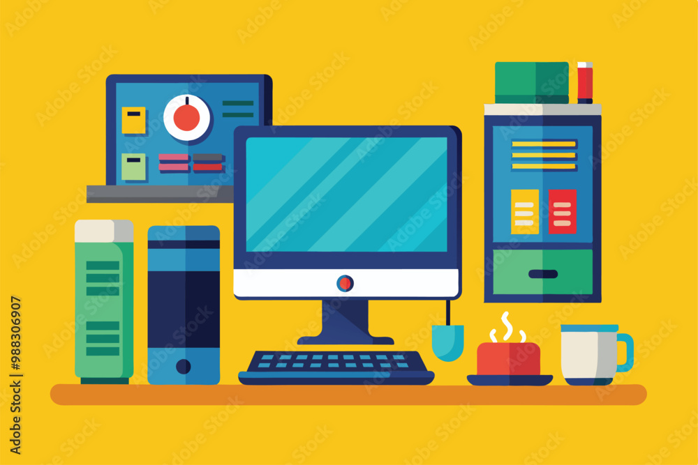 A customizable desktop computer setup showcases various tech elements, including monitors, containers, and a mug, designed for a productive workspace. A customizable desktop computer setup showcases various tech elements, including monitors, containers, and a mug, designed for a productive workspace.