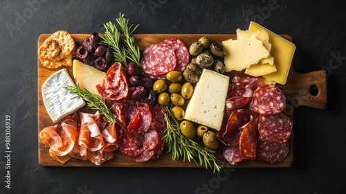 Assorted cheeses cured meats olives and fresh herbs arranged on a wooden platter creating an inviting gourmet charcuterie board photo