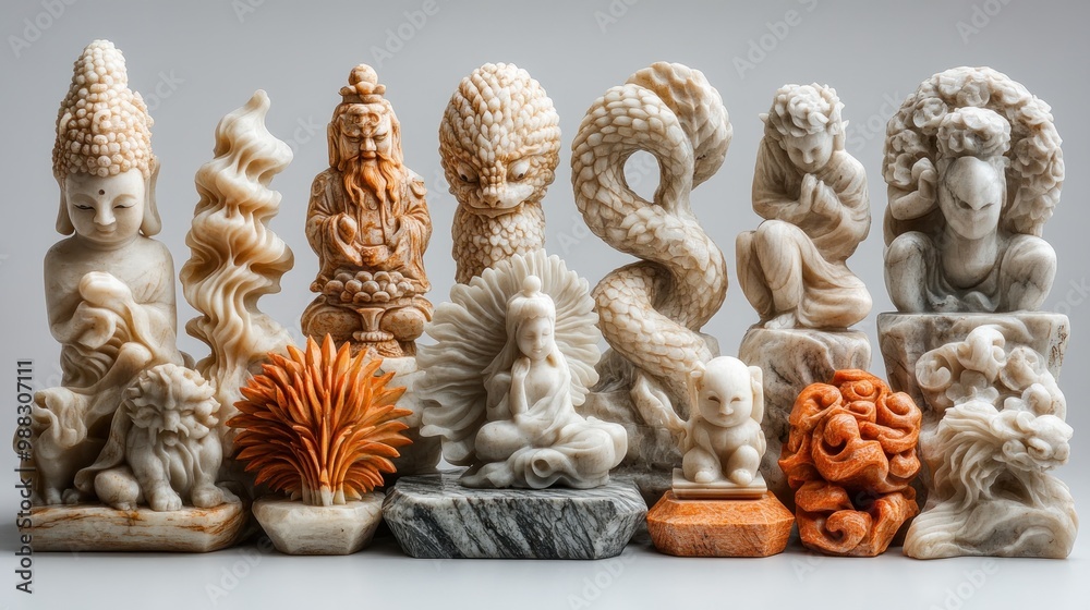 A collection of intricately carved decorative sculptures. A collection of intricately carved decorative sculptures.