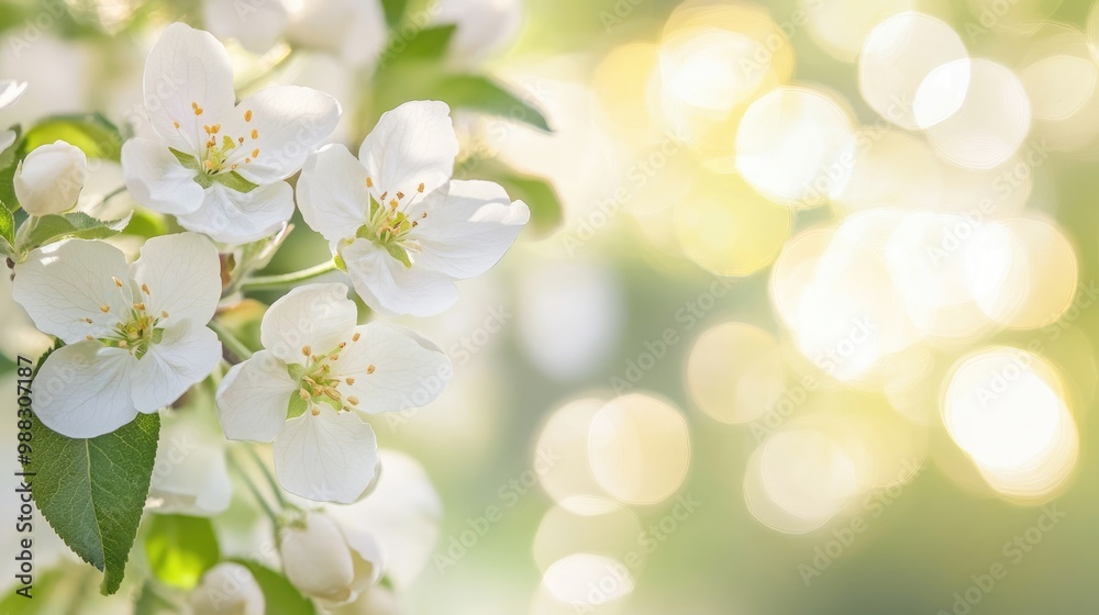 Spring floral background banner Close up of white apple blossoms on a tree during bloom featuring a soft bokeh effect Spring floral background banner Close up of white apple blossoms on a tree during bloom featuring a soft bokeh effect