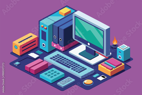 A vibrant isometric design showcasing a customizable desktop computer and various office supplies arranged artistically on a purple backdrop.