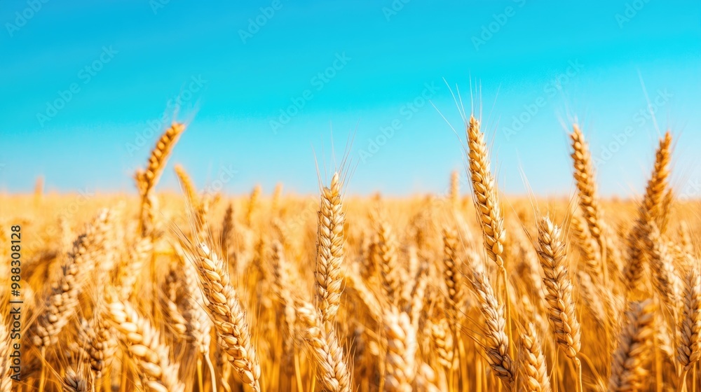Vibrant autumn scenery featuring a golden wheat field Lush ripe wheat ears ready for harvest under a clear blue sky Vibrant autumn scenery featuring a golden wheat field Lush ripe wheat ears ready for harvest under a clear blue sky