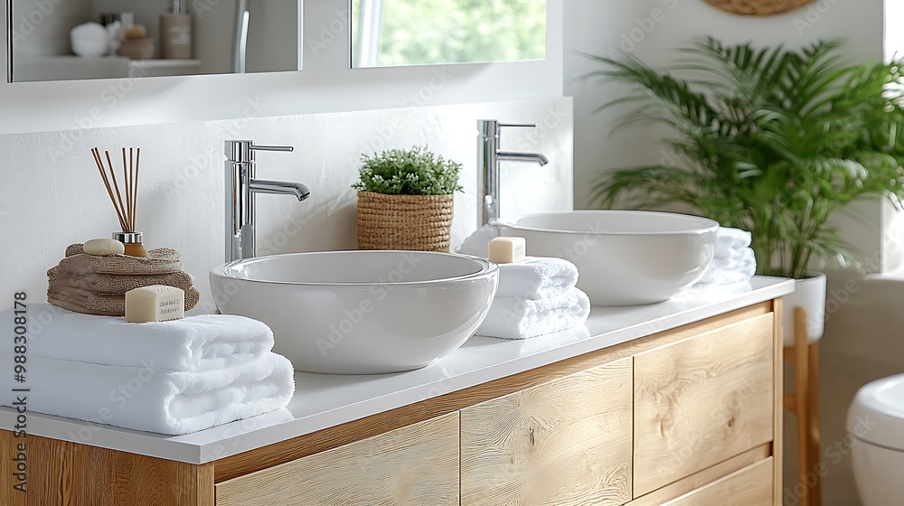 Fototapeta premium A minimalist bathroom design featuring light wood cabinets, white walls, and soft, neatly folded towels. The warm, natural tones of the wood create a cozy and peaceful environment,