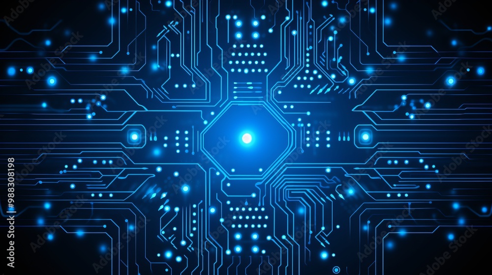 Abstract Circuit Board with Glowing Blue Lines and Dots