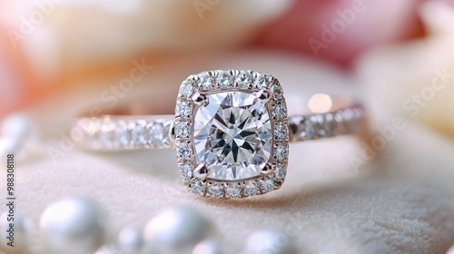 Cushion cut diamond engagement ring in a commercial style banner for wedding concepts photo