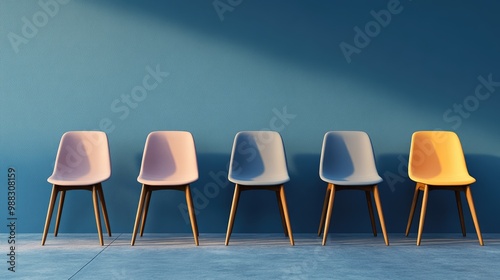 Row of chairs featuring one distinct chair Employment opportunity Leadership in business Recruitment concept 3D visualization