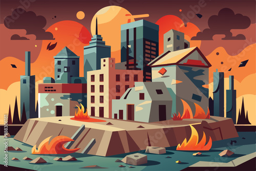 A devastated cityscape showcases burning buildings and a dramatic sunset, highlighting destruction and chaos in an urban environment.
