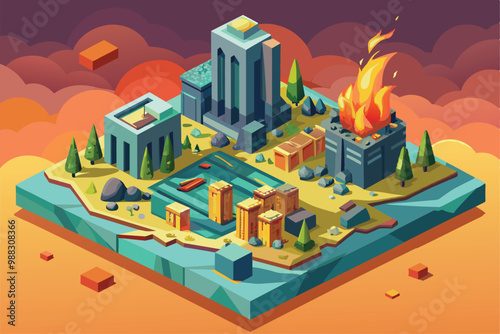 Amidst smoldering ruins, a destroyed city features burning buildings, scattered debris, and a desolate atmosphere in a customizable isometric design.