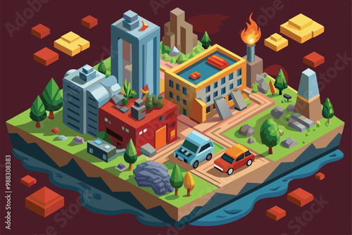 A detailed isometric view showcases a devastated cityscape with diverse buildings, vehicles, and vegetation, reflecting a scene of destruction and abandonment.