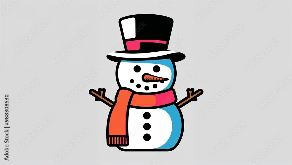 Smiling cartoon snowman with top hat and scarf, winter holiday character Smiling cartoon snowman with top hat and scarf, winter holiday character