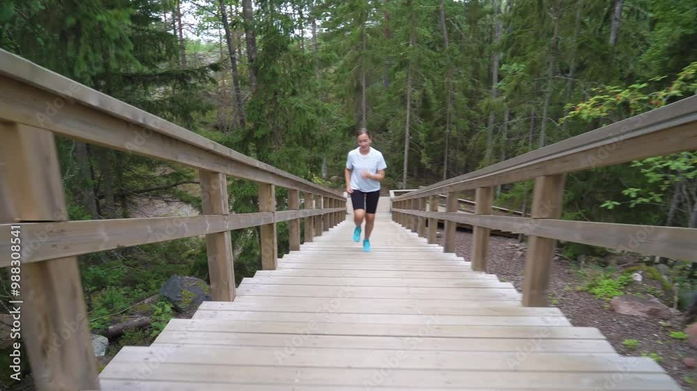 Athletic young woman running up a Fitness Stairs in a natural park in the woods in Finland. Athletic young woman running up a Fitness Stairs in a natural park in the woods in Finland.