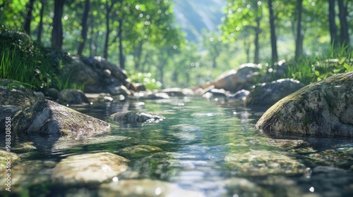 Clear waters flow gently over polished stones fostering a serene ambiance surrounded by lush trees in a calm mountainous environment