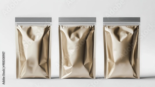 Aluminum coffee bags with hermetic Ziplock closure featuring Kraft paper and foil design ideal for coffee bean packaging mockup and advertising template background for product display