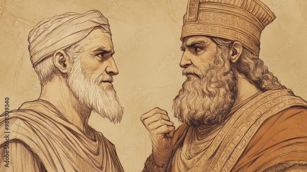 Fototapeta premium Babylonian Commander Nebuzaradan Speaks with Reverence to Prophet Jeremiah Offering Him Freedom and Protection in This Minimalist Biblical Sketch on Beige Background