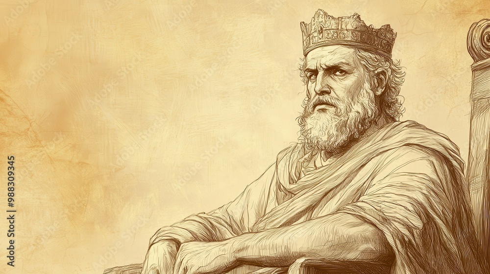 Fototapeta premium Conflicted King Zedekiah Sits on His Throne in His Chamber Troubled by the News of Prophet Jeremiah s Imprisonment in a Cistern This Minimalist Wall Art Sketch Depicts a Historical Biblical Scene