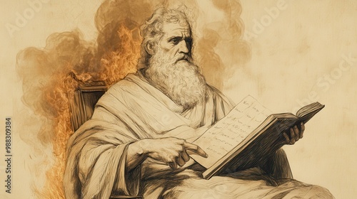 King Jehoiakim seated by a winter fire in his palace holding a scroll with a dismissive expression while a scribe reads Jeremiah s words  A minimalist wall art sketch from biblical historical times photo