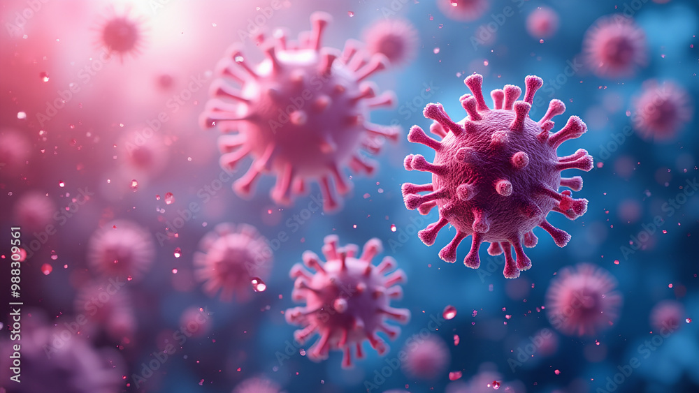 Obraz premium Pink and blue viruses and bacteria of various shapes abstract medical background with low poly virus cells on particle design Concept of science and medicine