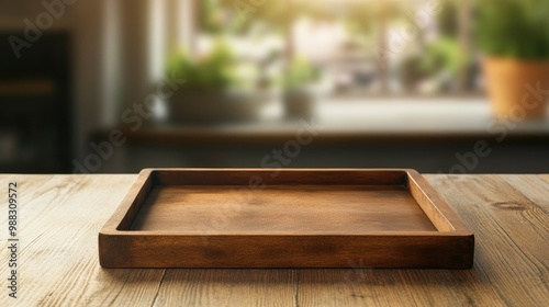 Empty brown wooden tray resting on a wooden kitchen table