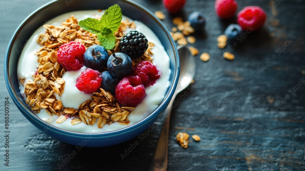 Granola with berries and yogurt in a blue bowl on a dark wooden surface Concept of a healthy breakfast Banner Granola with berries and yogurt in a blue bowl on a dark wooden surface Concept of a healthy breakfast Banner
