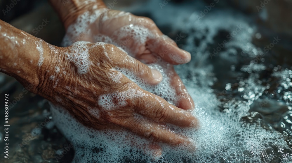 Fototapeta premium Elderly man s hands and wrists being washed with soap under running water detailed shot emphasizing hygiene practices for infection prevention during health crises