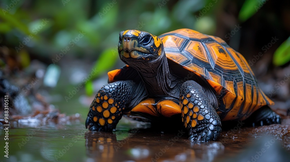 Obraz premium A vibrant turtle with orange and black patterns in a lush environment.