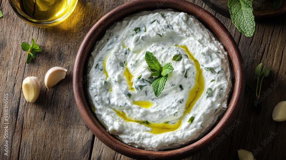 Tzatziki dip made from sour cream yogurt garnished with olive oil and mint presented on a wooden table from a top view perspective Tzatziki dip made from sour cream yogurt garnished with olive oil and mint presented on a wooden table from a top view perspective