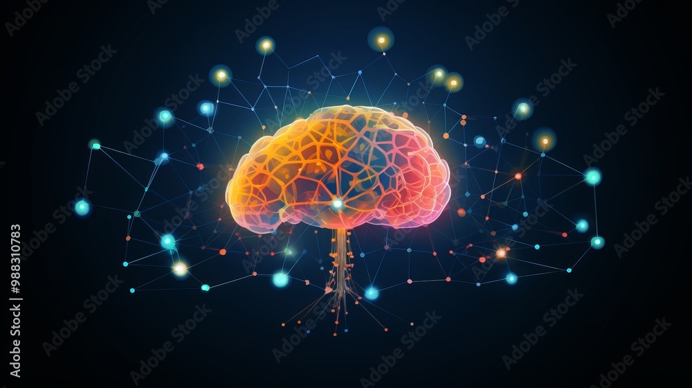 A Digital Representation of a Brain Connected to a Network of Interconnected Points A Digital Representation of a Brain Connected to a Network of Interconnected Points