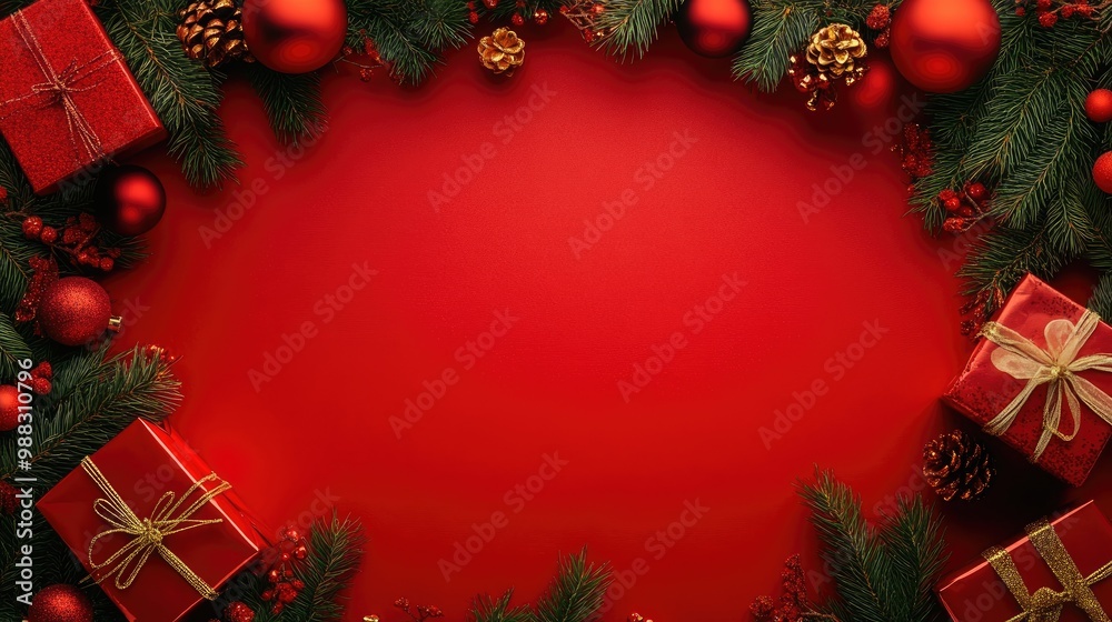 Festive frame adorned with decorations set against a vibrant red backdrop Festive frame adorned with decorations set against a vibrant red backdrop