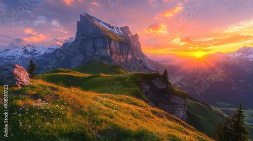 Picturesque sunset over the Saxer Gap mountain ridge in the Swiss Alpstein, revealing the towering Schaefler peak. photo