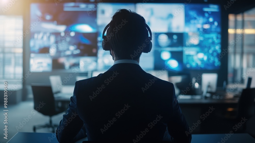 Silhouette of Person in Dark Room Monitoring Multiple Screens Silhouette of Person in Dark Room Monitoring Multiple Screens
