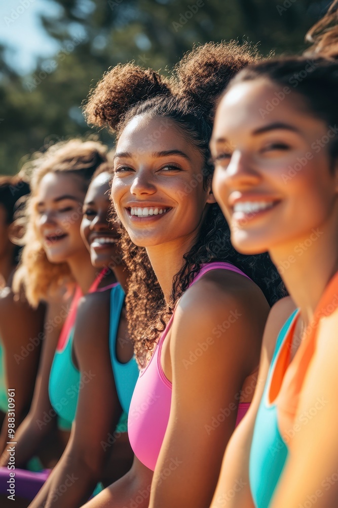 Group of Smiling Women in Colorful Activewear Enjoying Outdoor Fitness Session on a Sunny Day