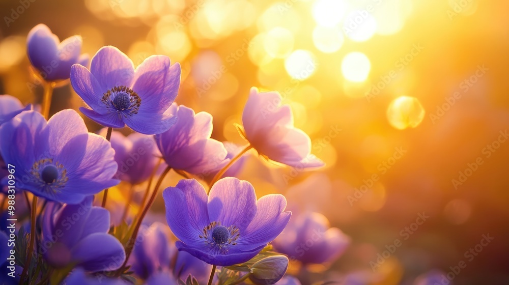 Close up macro of stunning anemone flowers under rays of sunset creating a delightful airy atmosphere with golden sunlight glimmers Close up macro of stunning anemone flowers under rays of sunset creating a delightful airy atmosphere with golden sunlight glimmers