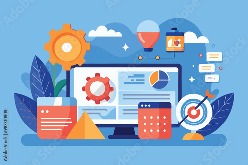A vibrant illustration of a computer screen displaying data analytics tools and development elements, highlighting productivity and creativity.