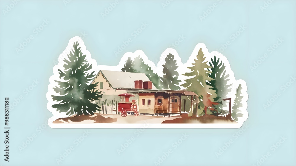 Obraz premium akwarela, warsztat mikołaja, vintage, uroczy, świąteczny, ilustracja, renifer, bałwan, pingwin, choinka, prezenty, skarpety, pastelowe kolory, zielony, czerwony, biały, żółty, bez tekstu, tło białe, w