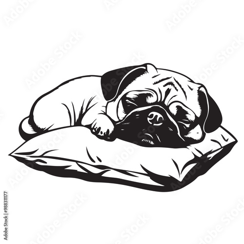 Cute pug dog  sleeping on the pillow image vector isolated on white background.