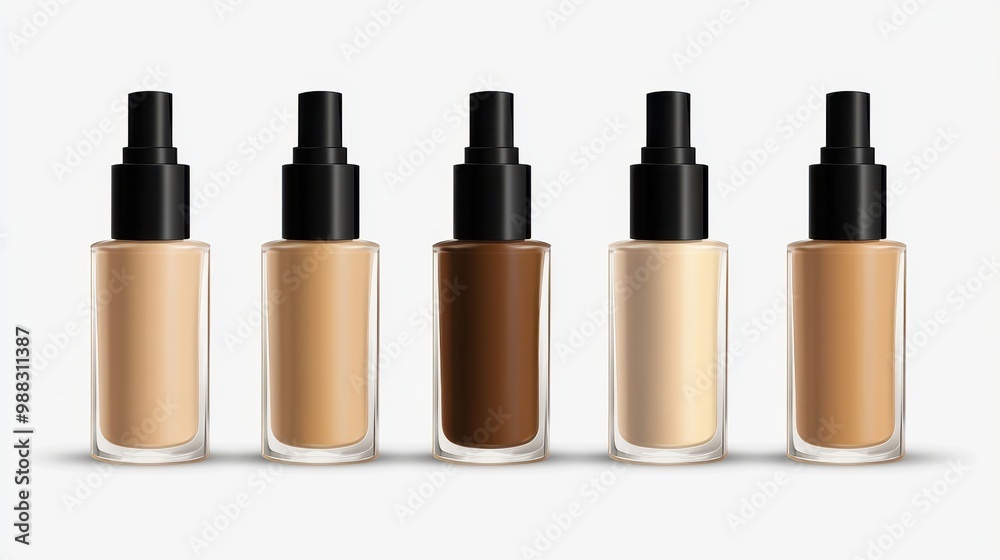 Diverse Range of Liquid Foundation Bottles in Various Shades on White Background Diverse Range of Liquid Foundation Bottles in Various Shades on White Background
