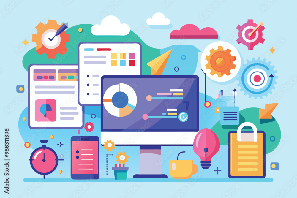 A vibrant illustration showcasing technology and productivity tools, featuring graphs, digital devices, and creative accessories for a dynamic workspace atmosphere. A vibrant illustration showcasing technology and productivity tools, featuring graphs, digital devices, and creative accessories for a dynamic workspace atmosphere.