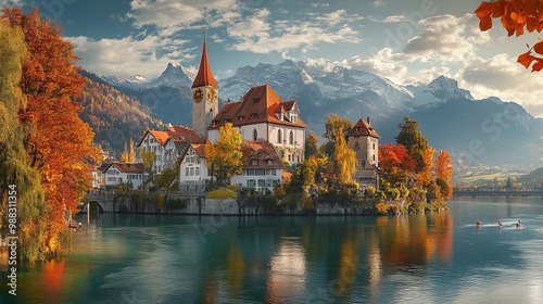 Picturesque Thun, Switzerland, adorned with vibrant autumn hues, capturing the essence of the season. photo