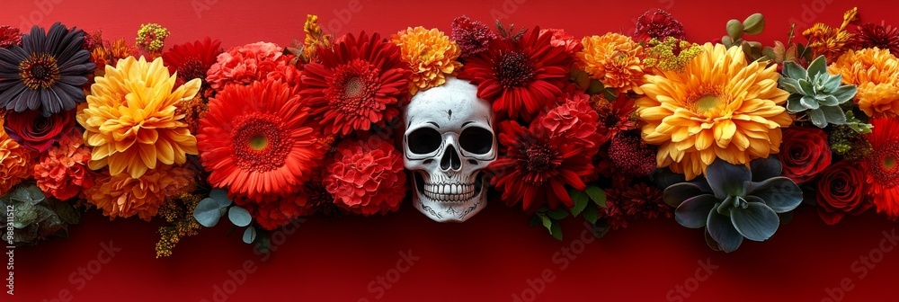 Skull and Floral Cross. Day of the Dead skulls. Dia de los muertos